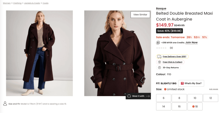 Myer: Basque Belted Double Breasted Maxi Coat in Aubergine – 40% Off, $149.97